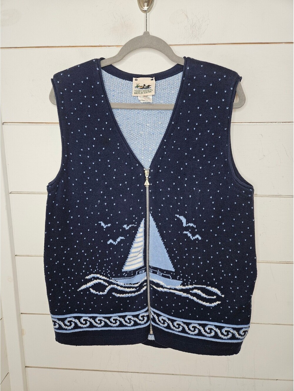 VIntage Northern Reflection large navy blue with white & blue sail boat vest